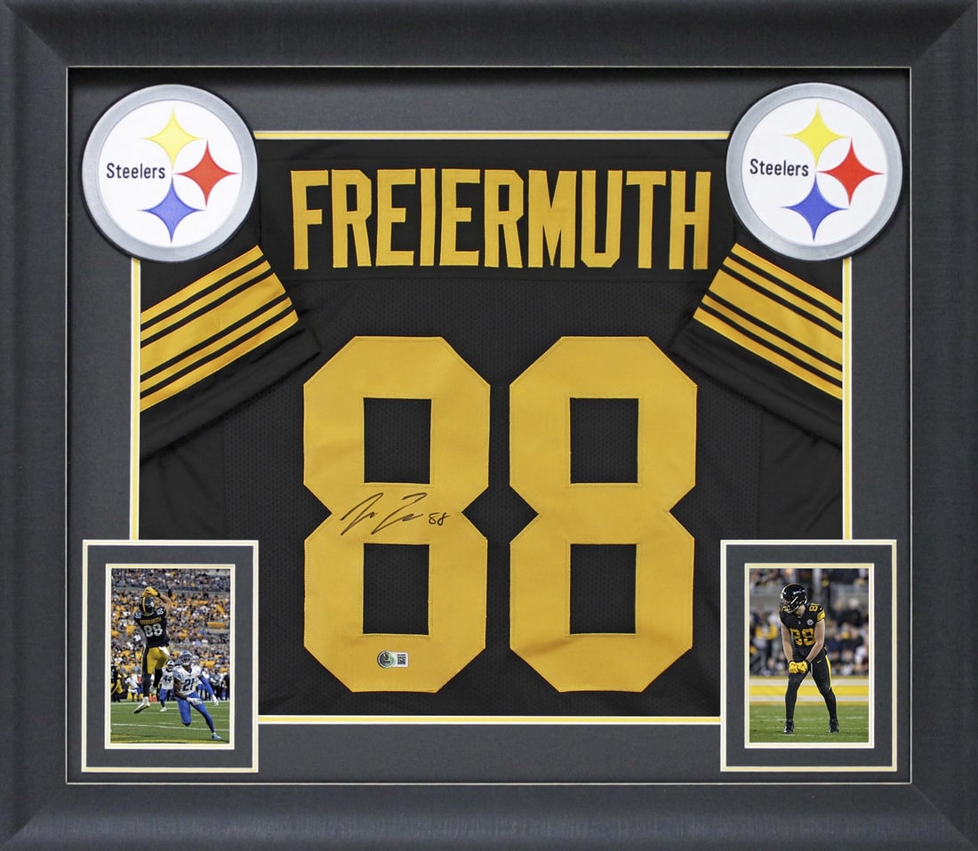 Pat Freiermuth Signed Black Color Rush Framed Jersey BAS Witnessed: Pat Freiermuth Signed Black Color Rush Framed Jersey BAS Witnessed Celebrate the legacy of Pat Freiermuth with this stunning black Color Rush Pro Style framed jersey, personally signed by the Pittsbur