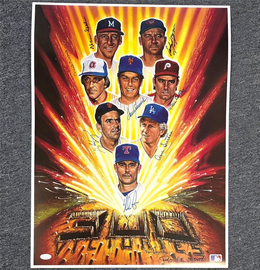 Signed Baseball Lithograph Featuring Ryan Spahn Wynn Niekro Perry Seaver JSA Authenticated: Signed Baseball Lithograph Featuring Ryan Spahn Wynn Niekro Perry Seaver JSA Authenticated This is an original lithograph poster featuring signatures from renowned Major League Baseball pitchers Nolan