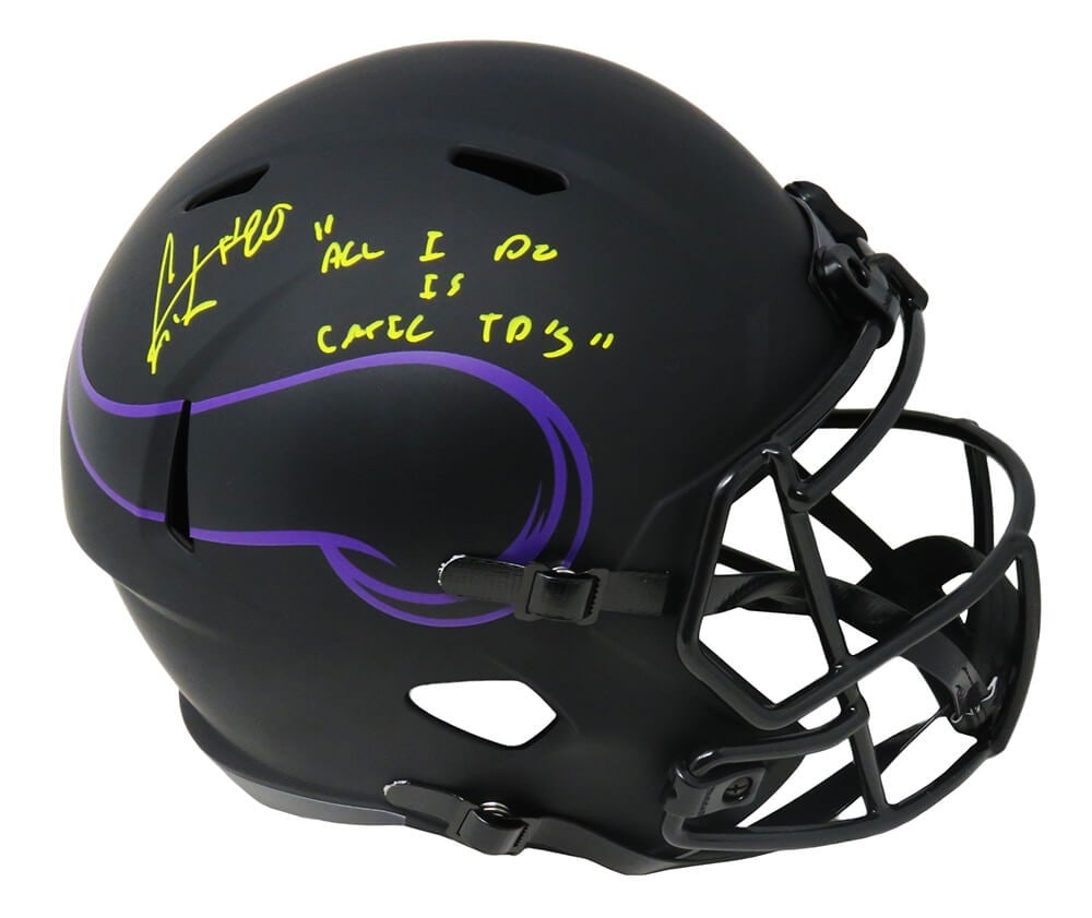 Cris Carter Signed Vikings Eclipse Replica Helmet with Inscription: Cris Carter Signed Vikings Eclipse Replica Helmet with Inscription This is a Cris Carter signed Minnesota Vikings Eclipse Speed full-size replica helmet, featuring a sleek black matte finish. The helm