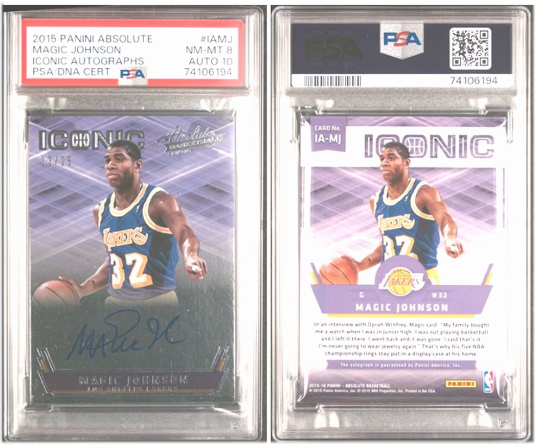 Magic Johnson 2015 Panini Absolute Iconic Autographs PSA 8 Limited 13/25: Magic Johnson 2015 Panini Absolute Iconic Autographs PSA 8 Limited 13/25 This collectible features a Magic Johnson 2015 Panini Absolute Iconic Autographs card, showcasing a stunning autograph graded P