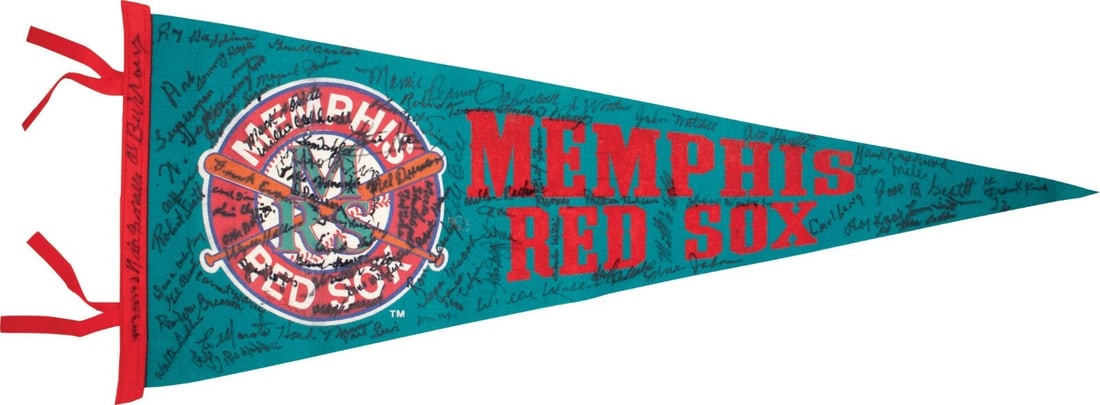Multi Signed Memphis Red Sox Negro League Pennant 77 Signatures JSA COA: Multi Signed Memphis Red Sox Negro League Pennant 77 Signatures JSA COA This impressive Memphis Red Sox pennant features a deep greenish-blue color and is adorned with 77 signatures from notable playe
