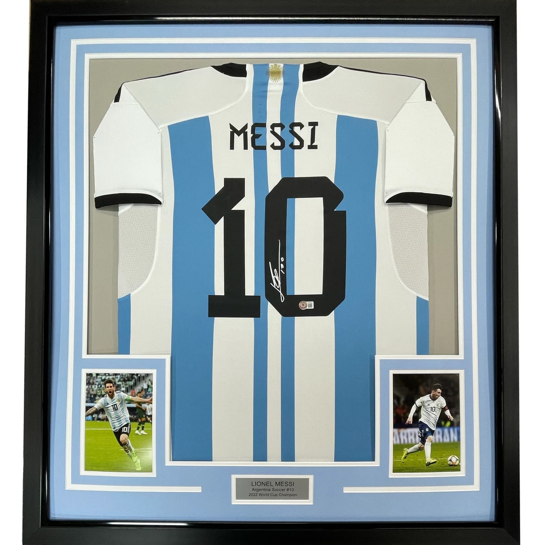 Framed Autographed Lionel Messi Argentina Jersey with PSA COA 33x42: Framed Autographed Lionel Messi Argentina Jersey with PSA COA 33x42 Celebrate the legacy of Lionel Messi with this professionally framed and autographed Argentina jersey. Measuring 35x39 inches, the d