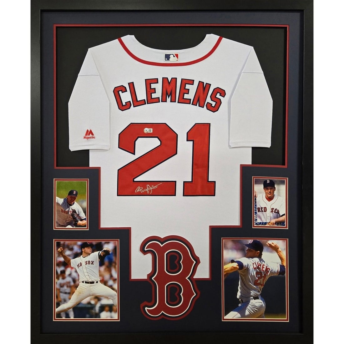 Roger Clemens Autographed Jersey Framed Beckett Certified Boston Red Sox: Roger Clemens Autographed Jersey Framed Beckett Certified Boston Red Sox This autographed Roger Clemens jersey is framed elegantly, showcasing the iconic Boston Red Sox logo. Authenticated by Beckett,
