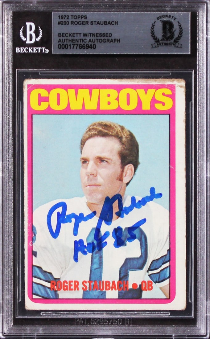 Roger Staubach Signed 1972 Topps #200 HOF 85 Card Beckett Authenticated: Roger Staubach Signed 1972 Topps #200 HOF 85 Card Beckett Authenticated This authentic 1972 Topps #200 football card features a personal inscription of "HOF 85" by the legendary Roger Staubach, a Hall