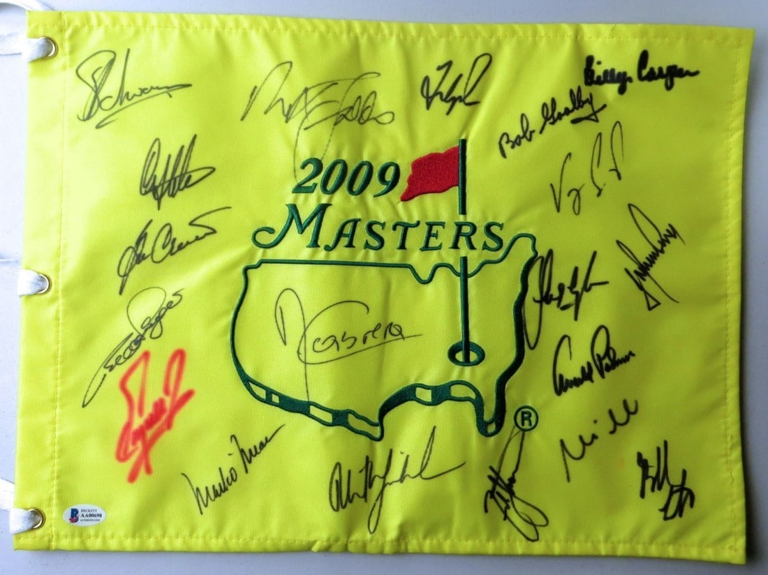 2009 Masters Champions Autographed Flag Arnold Palmer Beckett Authenticated: 2009 Masters Champions Autographed Flag Arnold Palmer Beckett Authenticated This is an original Masters Champions Multi Signed Autographed Pin Flag from 2009, featuring the autographs of legendary gol
