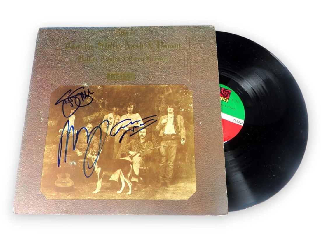 Neil Young Stephen Stills Graham Nash Signed Album Cover Beckett Authenticated: Neil Young Stephen Stills Graham Nash Signed Album Cover Beckett Authenticated This original album cover features the autographs of legendary musicians Neil Young, Stephen Stills, and Graham Nash. The