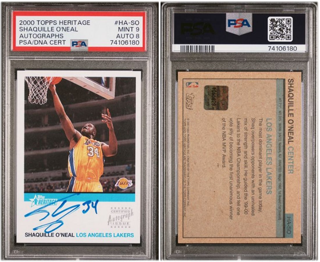 2000 Topps Heritage Shaquille O'Neal Autograph Card PSA 9 Lakers: 2000 Topps Heritage Shaquille O'Neal Autograph Card PSA 9 Lakers This is a 2000 Topps Heritage Autographs trading card featuring Shaquille O'Neal of the Los Angeles Lakers. The card has been professio