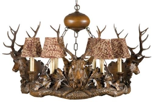 Lodge Style Stag Head Chandelier with Feather Pattern 20H 32W 32D: Lodge Style Stag Head Chandelier with Feather Pattern 20H 32W 32D This item is made at time of order. Please allow 42 to 70 days for production. Illuminate your space with this exquisite Stag Head Cha