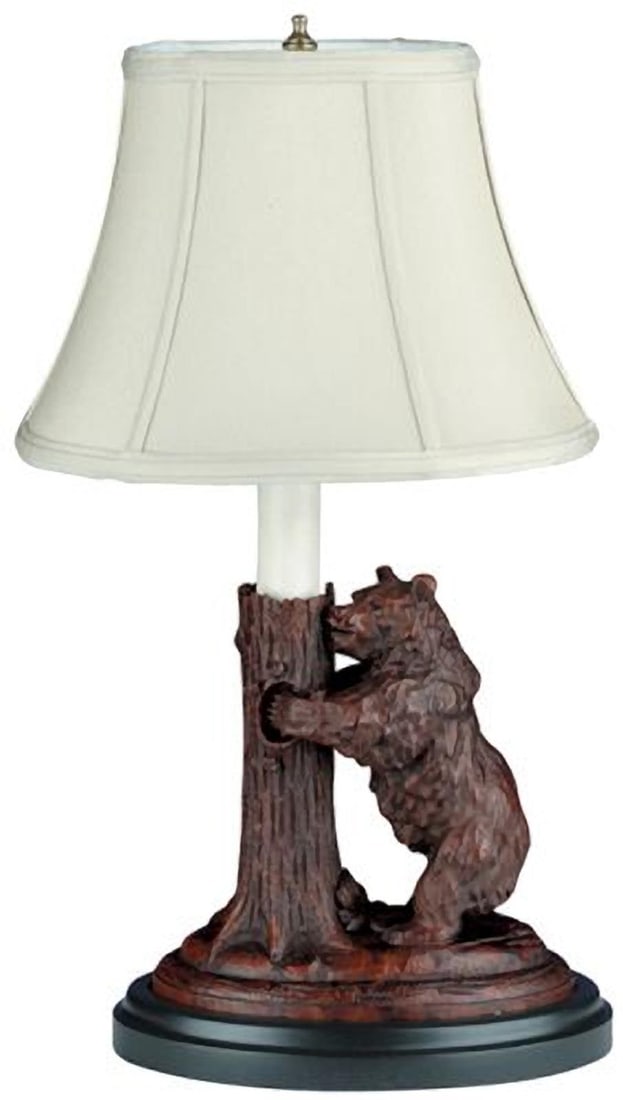 Rustic Lodge Style Hand-Cast Bear Lamp with Linen Shade: Rustic Lodge Style Hand-Cast Bear Lamp with Linen Shade This item is made at time of order. Please allow 42 to 70 days for production. Illuminate your space with this exquisite Hand-Cast Standing Bear