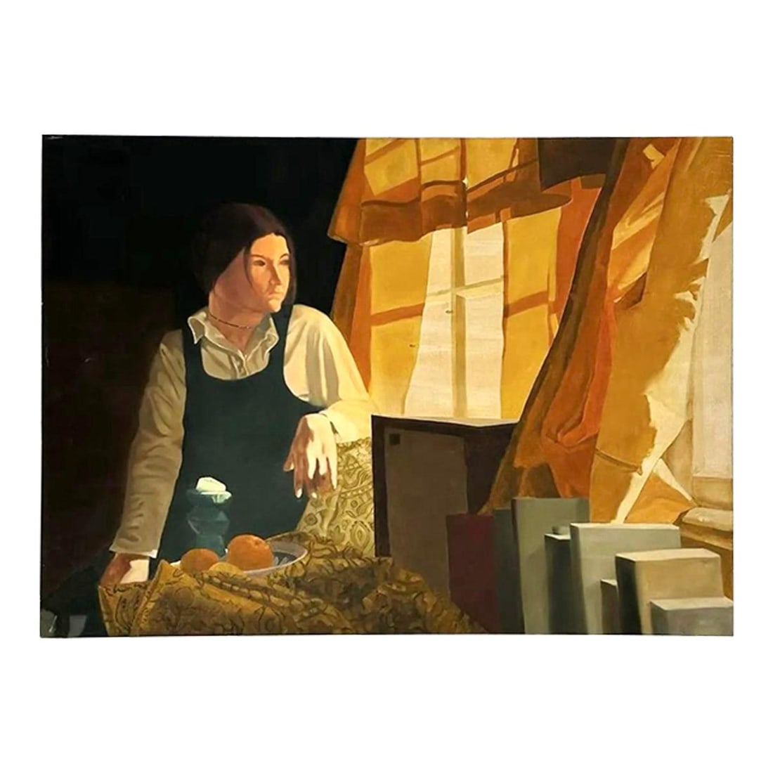 Figurative Oil Painting Woman at Window Vintage Boho Canvas Art: Figurative Oil Painting Woman at Window Vintage Boho Canvas Art This vintage boho oil painting on canvas depicts a woman sitting at a window, capturing a quiet and introspective moment. The artwork fe