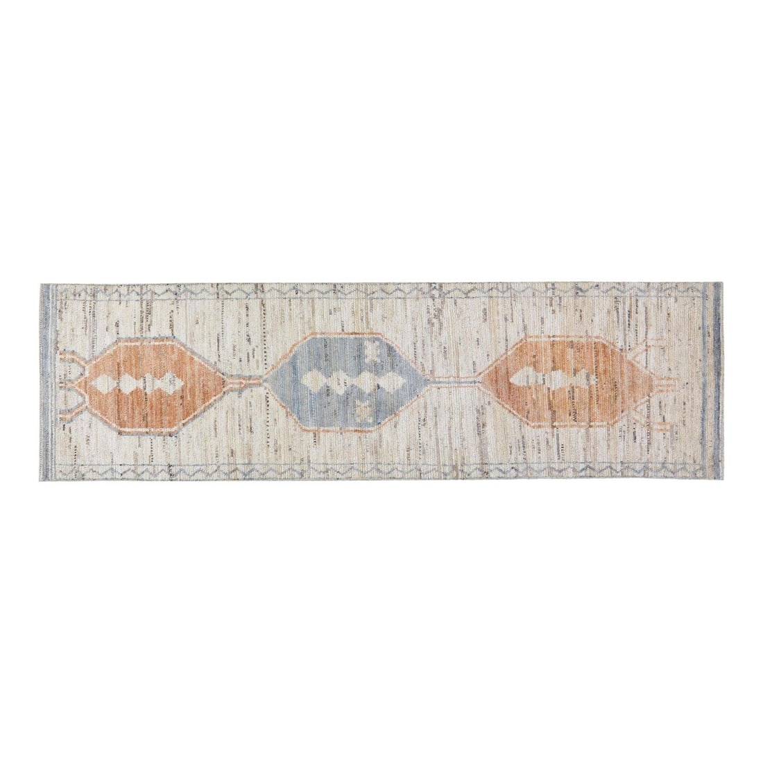 Tan Wool Runner Rug Hand Knotted Moroccan Design 2'10" x 10': Tan Wool Runner Rug Hand Knotted Moroccan Design 2'10" x 10' This Moroccan hand-knotted wool rug showcases traditional craftsmanship with a modern design sensibility. Expertly crafted from soft, durab
