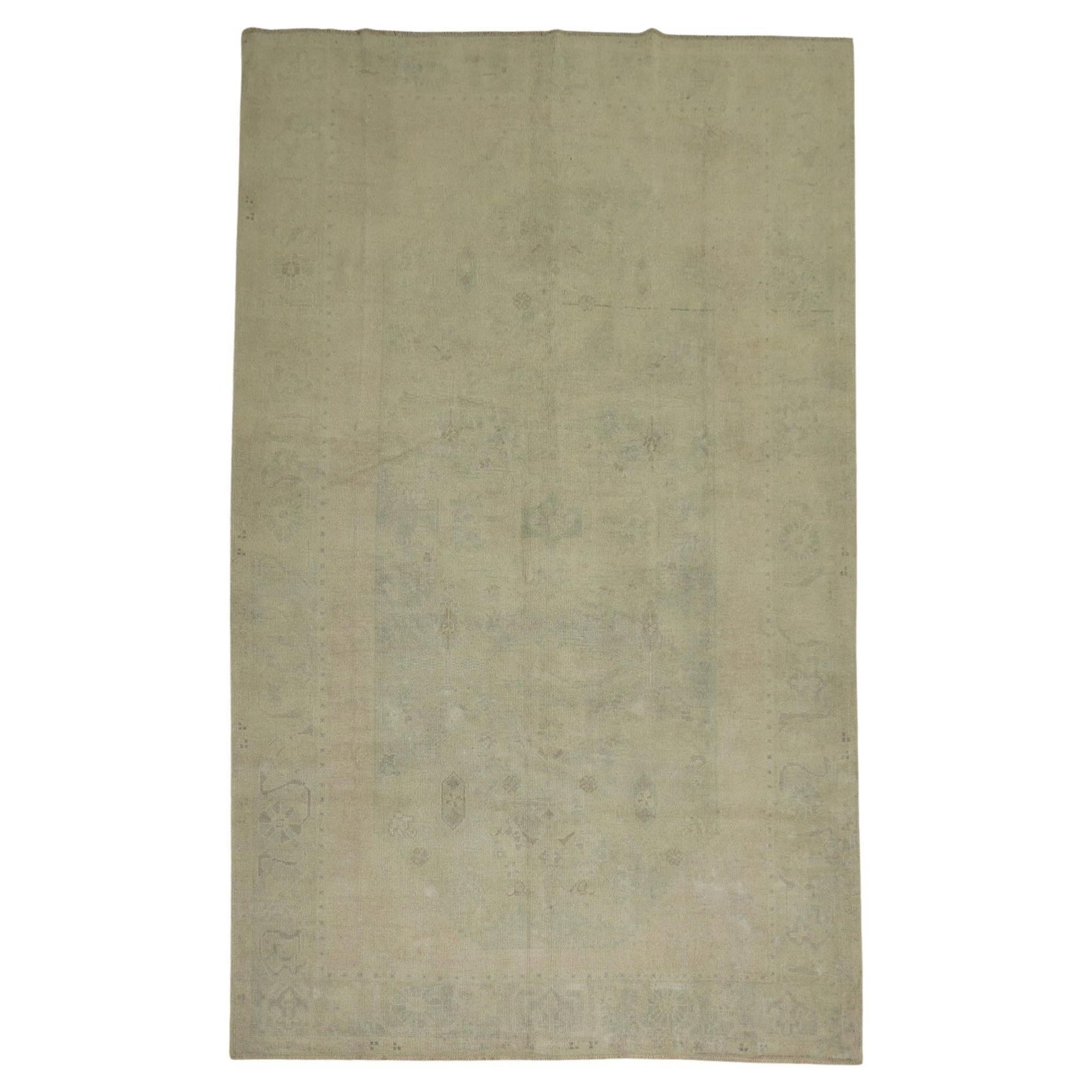 Vintage Pale Green Turkish Oushak Rug 72 x 112 Industrial Style: Vintage Pale Green Turkish Oushak Rug 72 x 112 Industrial Style Add a touch of elegance to your space with this vintage Turkish Oushak rug, featuring a beautiful pale green and cream color palette. Ha