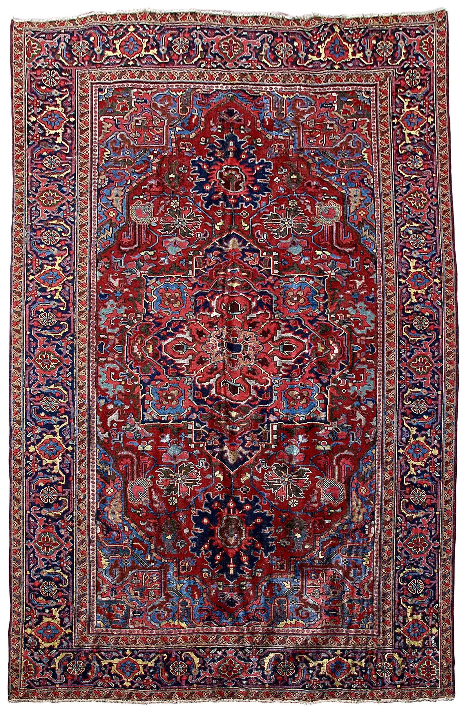 Handcrafted 6.5 x 9.10 Blue Center Persian Heriz Wool Rug: Handcrafted 6.5 x 9.10 Blue Center Persian Heriz Wool Rug Free continental US Shipping Elevate your interior with this exquisite 6.5 x 9.10 Persian Heriz rug, handcrafted by skilled Persian artisans. 