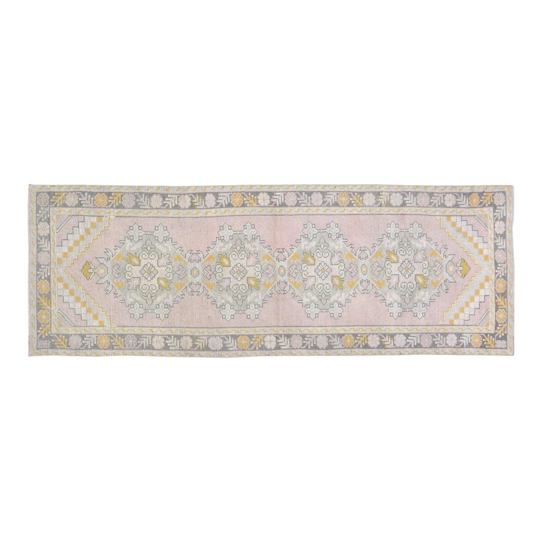 Hand Knotted Wool Anatolian Runner Rug in Blush Geometric Pattern 3'2 x 9': Hand Knotted Wool Anatolian Runner Rug in Blush Geometric Pattern 3'2 x 9' This vintage Turkish Anatolian runner rug features a hand-knotted construction with a soft texture and geometric pattern. Cra