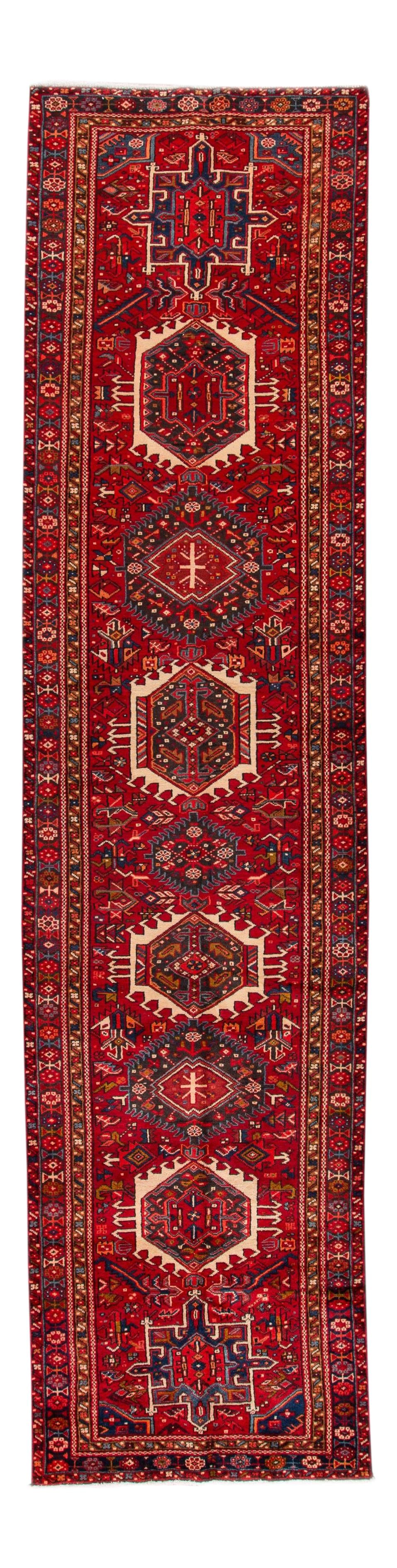 Vintage Heriz Handmade Wool Rug Red 3'6 x 14'5 Geometric Design: Vintage Heriz Handmade Wool Rug Red 3'6 x 14'5 Geometric Design Enhance your space with this stunning Vintage Heriz Handmade Wool Rug featuring a vibrant red field adorned with a multicolor allover ge