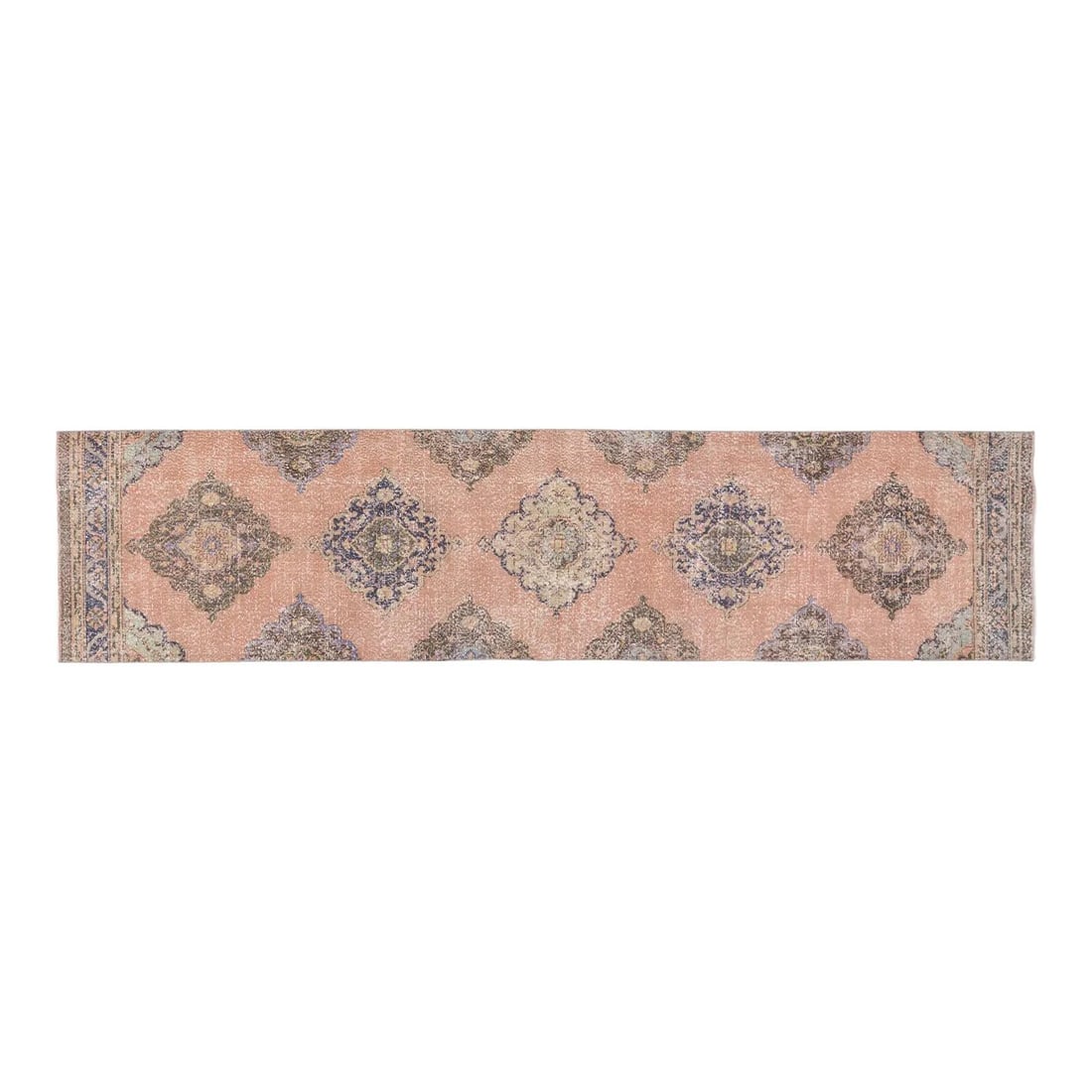 Blush Wool Runner 3' x 13'1" Anatolian Hand Knotted Vintage Rug: Blush Wool Runner 3' x 13'1" Anatolian Hand Knotted Vintage Rug This vintage Turkish Anatolian rug features a hand-knotted wool construction and a blush color palette. Its elongated design makes it a 