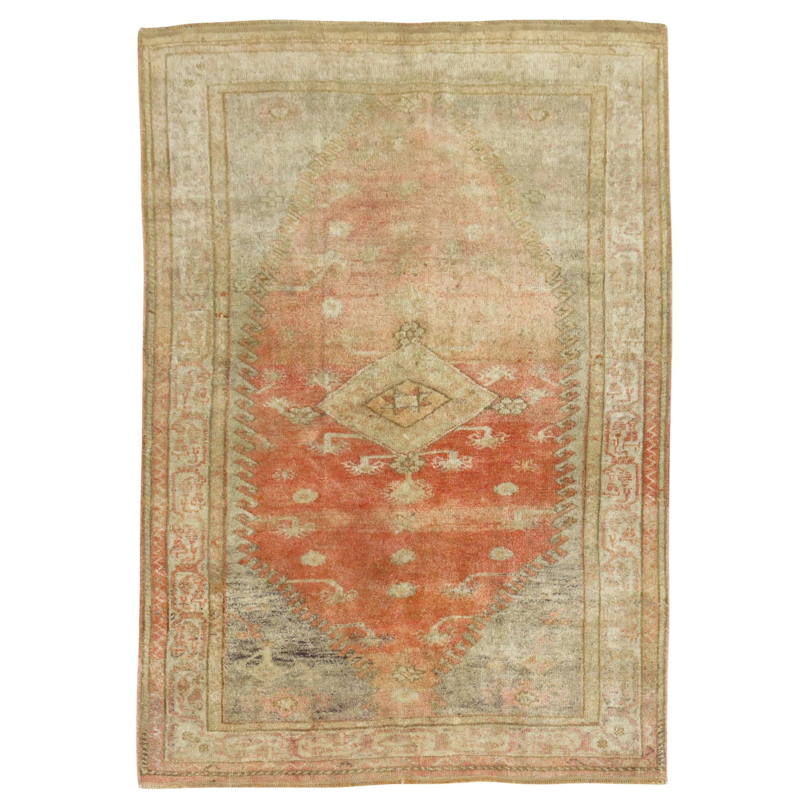 Vintage Peach Orange Turkish Anatolian Oushak Rug 64 x 87 Hand-Knotted: Vintage Peach Orange Turkish Anatolian Oushak Rug 64 x 87 Hand-Knotted Discover the beauty of this Peach Orange Vintage Turkish Anatolian Rug, a stunning piece that adds warmth and character to any sp