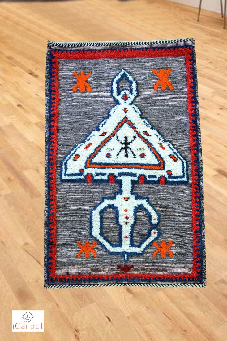 Gray Moroccan Handwoven Wool Rug with Berber Fibula Design: Gray Moroccan Handwoven Wool Rug with Berber Fibula Design Enhance your living space with this exquisite Gray Moroccan Handwoven Rug, featuring a captivating Berber Fibula design at its center. Skillf
