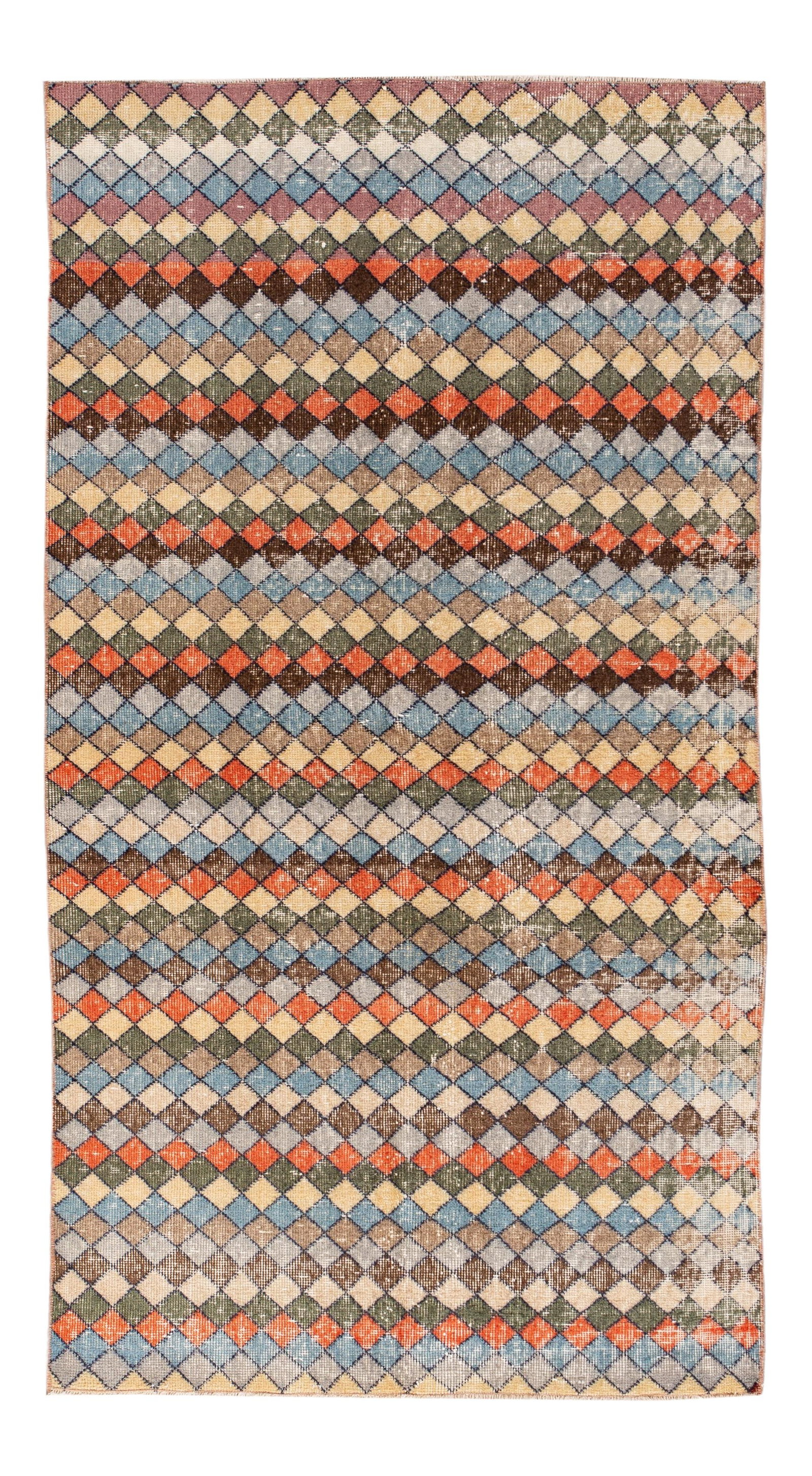 Exquisite Vintage Turkish Hand-Knotted Wool Rug 3'8 x 6'9: Exquisite Vintage Turkish Hand-Knotted Wool Rug 3'8 x 6'9 Elevate your space with this stunning Vintage Turkish Wool Rug, expertly hand-knotted to showcase a vibrant multi-color geometric design. Meas