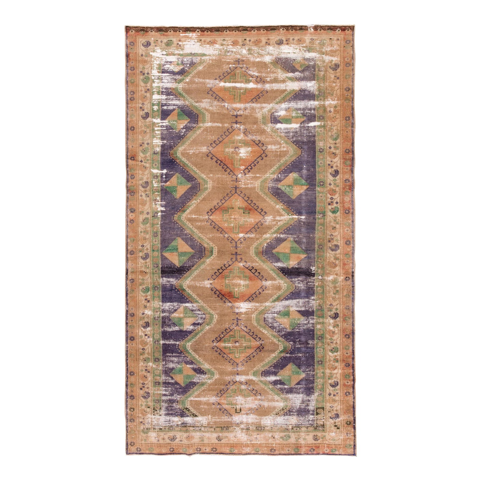 Vintage Persian Tabriz Handmade Tan Wool Rug 4'11 x 9'2: Vintage Persian Tabriz Handmade Tan Wool Rug 4'11 x 9'2 Explore the elegance of this Vintage Persian Tabriz Handmade Tan Wool Rug. This exquisite piece showcases a distressed finish with a wide, pale 