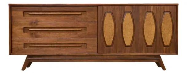 Mid Century Walnut Dresser With Burl Door by Young Manufacturing 78 Inch: Mid Century Walnut Dresser With Burl Door by Young Manufacturing 78 Inch This mid-century modern dresser from the 1960s features a refined walnut construction with a distinctive sliding burl accent do