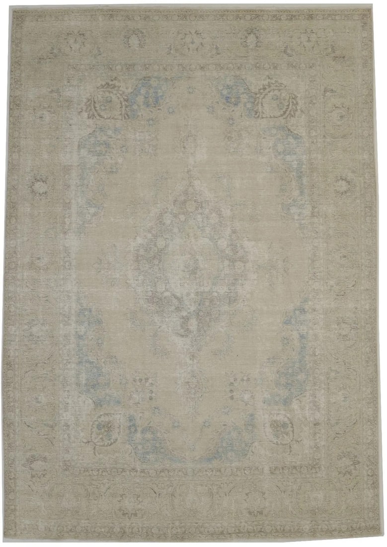 Hand-Knotted Wool 9'3 x 13'4 Vintage Floral Farmhouse Area Rug: Hand-Knotted Wool 9'3 x 13'4 Vintage Floral Farmhouse Area Rug This hand-knotted antique Oriental area rug features a traditional floral pattern in muted tones of beige, brown, and blue. Crafted from 