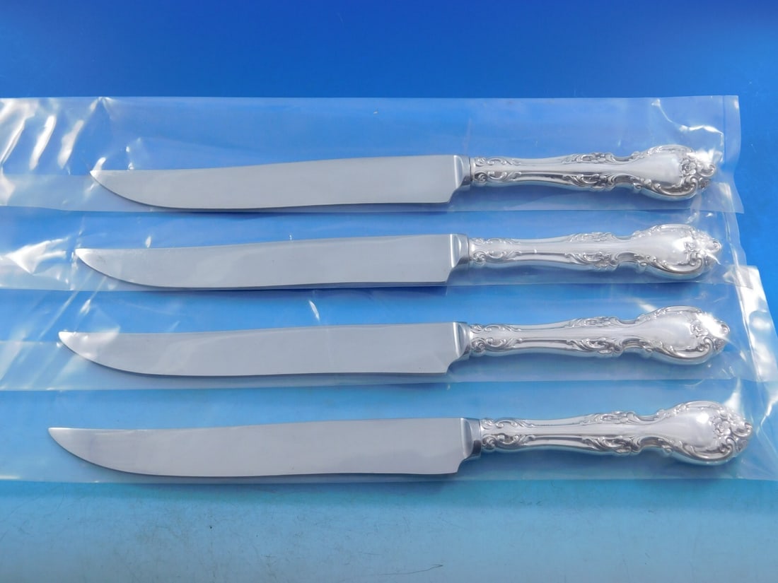 Gorham Melrose Sterling Silver Steak Knife Set 4pc Texas Size 10": Gorham Melrose Sterling Silver Steak Knife Set 4pc Texas Size 10" Elevate your dining experience with this exquisite 4-piece steak knife set from Gorham, featuring the elegant Melrose pattern. Crafted