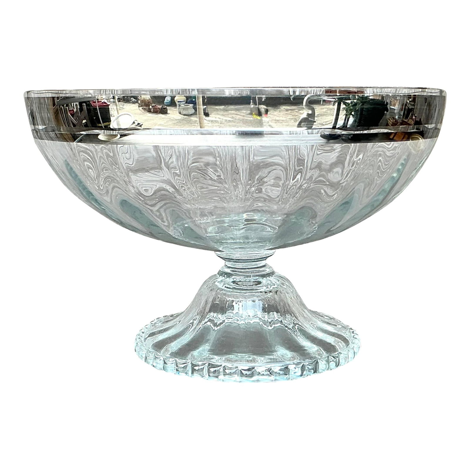 Regency Style Silver Rim Glass Centerpiece Bowl 18 Inch: Regency Style Silver Rim Glass Centerpiece Bowl 18 Inch Elevate your decor with this stunning vintage Regency-style monumental glass centerpiece bowl. Featuring a striking silver band around the rim, 