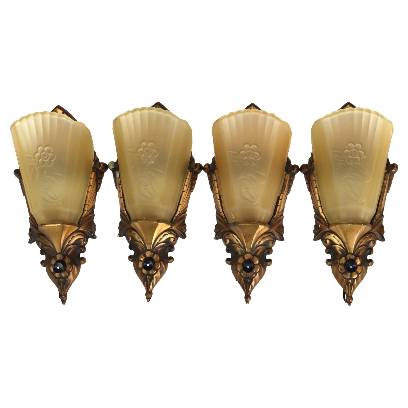 Set of 4 Art Deco Bronze Finish Slip Shade Wall Sconces Circa 1920 (1 of 8)
