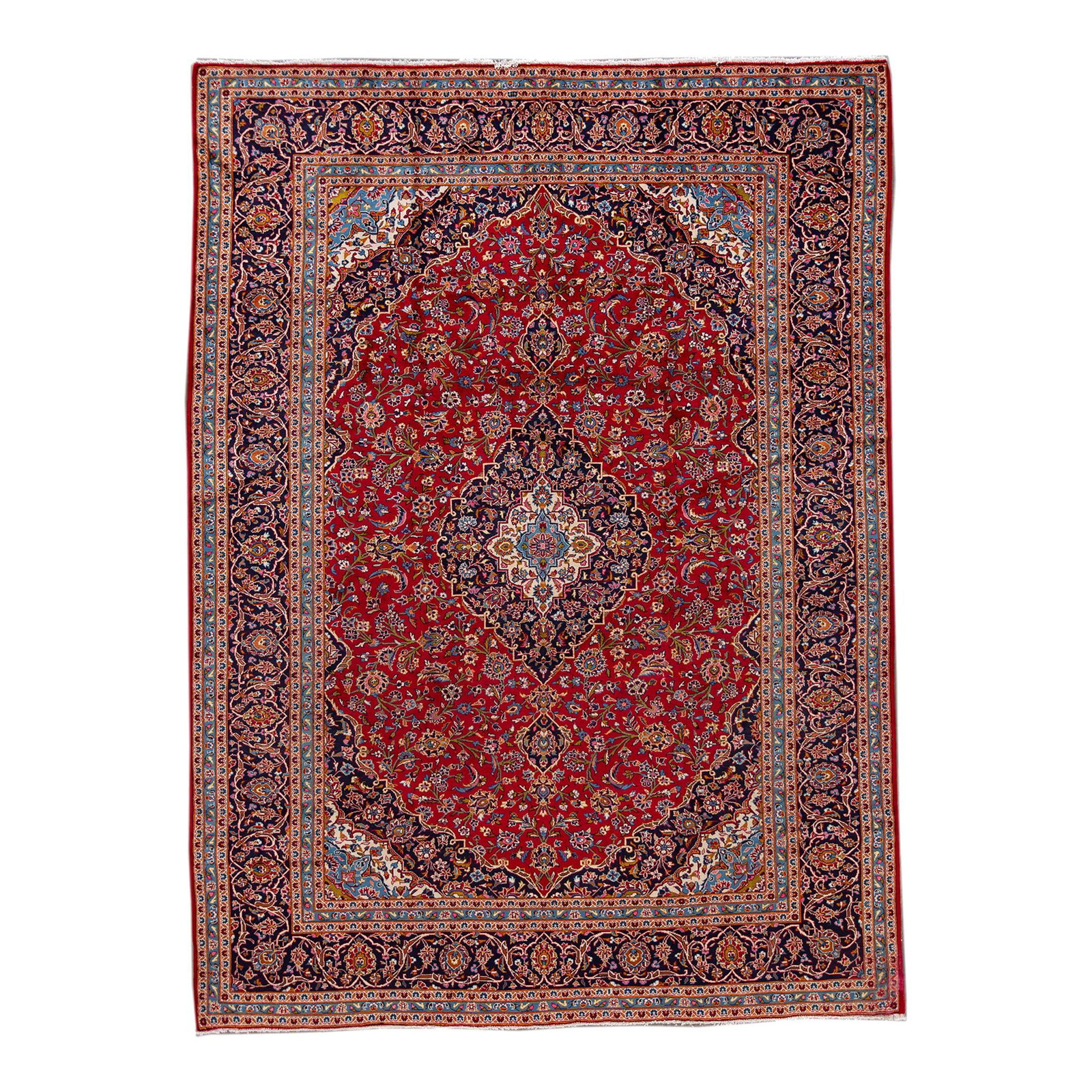 Vintage Persian Kashan Hand-Knotted Red Floral Wool Rug 9'8 x 13'1: Vintage Persian Kashan Hand-Knotted Red Floral Wool Rug 9'8 x 13'1 Elevate your space with this exquisite Vintage Persian Kashan handmade wool rug, featuring a stunning red field adorned with a vibran