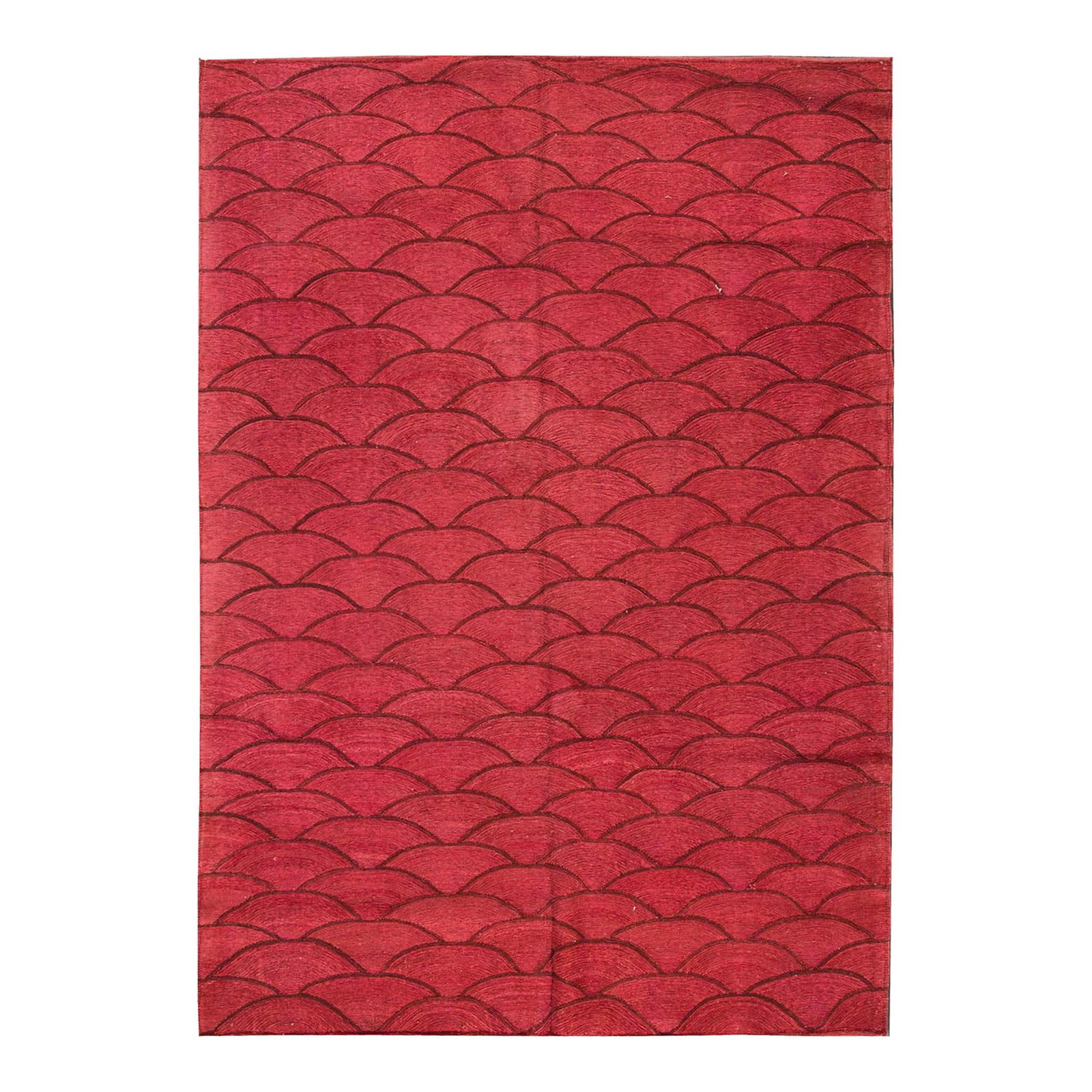 Vintage Kilim Pink Geometric Wool Rug 6'8" x 9'9": Vintage Kilim Pink Geometric Wool Rug 6'8" x 9'9" This stunning vintage Kilim flatweave rug features a vibrant pink field adorned with a brown accent in a captivating all-over geometric design. Crafte