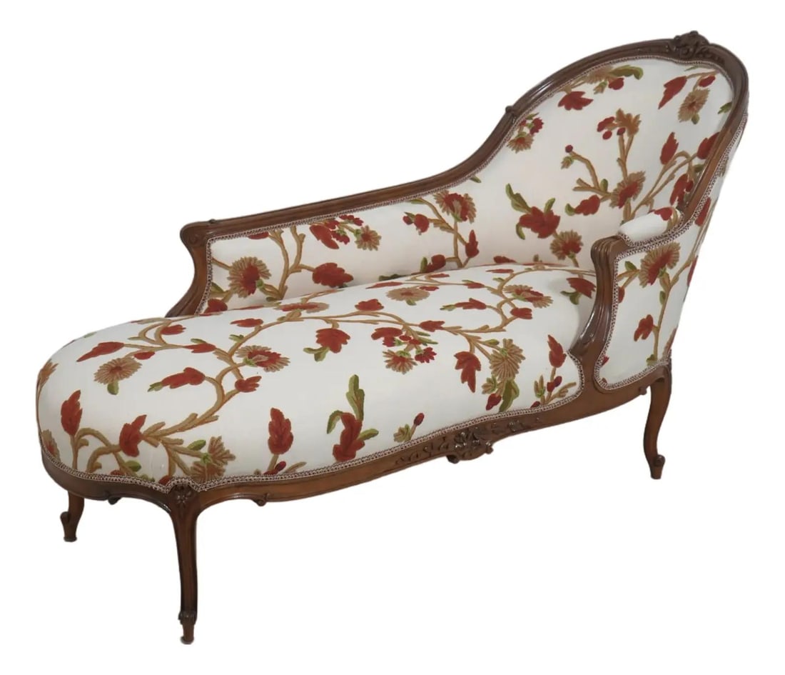 French Walnut Chaise Lounge with New Crewel Upholstery and Carved Frame (1 of 10)