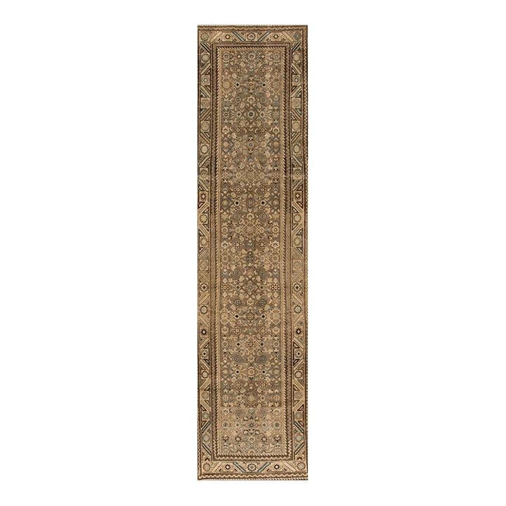 Vintage Persian Malayer Handmade Wool Runner 3'5 x 14 Tan Tribal Design: Vintage Persian Malayer Handmade Wool Runner 3'5 x 14 Tan Tribal Design Discover the exquisite charm of this 1920s Vintage Persian Malayer handmade wool runner, featuring a warm tan field adorned with