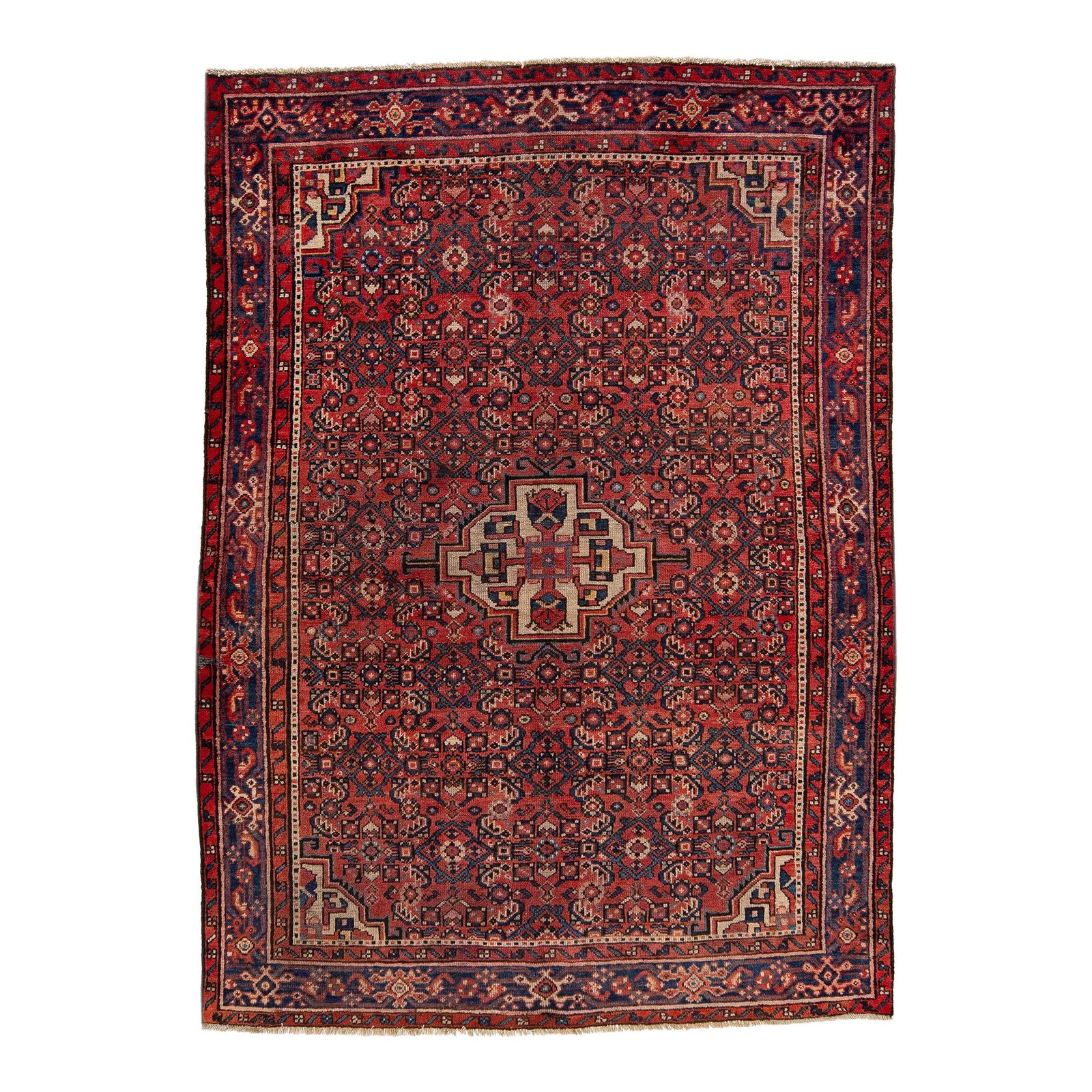 Vintage Persian Hamadan Navy Blue Wool Medallion Rug 4'9 x 6'7: Vintage Persian Hamadan Navy Blue Wool Medallion Rug 4'9 x 6'7 This exquisite vintage Persian Hamadan rug showcases a stunning navy blue field adorned with a vibrant all-over geometric medallion desig