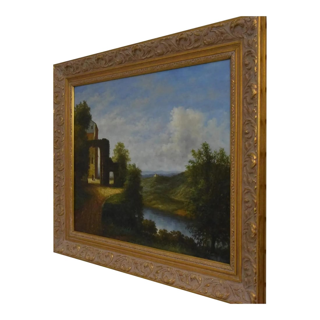 Artist Signed Oil Painting European Countryside Gold Frame 30 Years Old: Artist Signed Oil Painting European Countryside Gold Frame 30 Years Old This stunning oil painting captures the essence of a European countryside scene, showcasing vibrant colors and high-quality craf