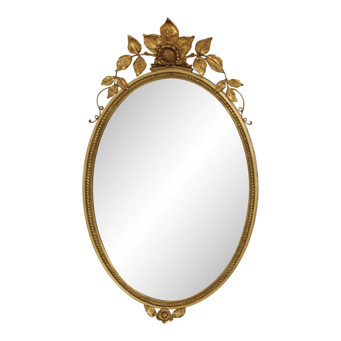 Oval Wall Mirror With Beveled Glass and Sunflower Giltwood Crest (1 of 10)