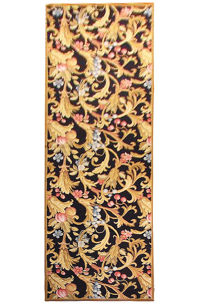 Elegant 3' x 10' Black Hand-knotted Needlepoint Rug from China: Elegant 3' x 10' Black Hand-knotted Needlepoint Rug from China Free continental US Shipping Introducing our elegant 3' x 10' Black Needlepoint Rug, a masterpiece of classic charm and enduring beauty. 