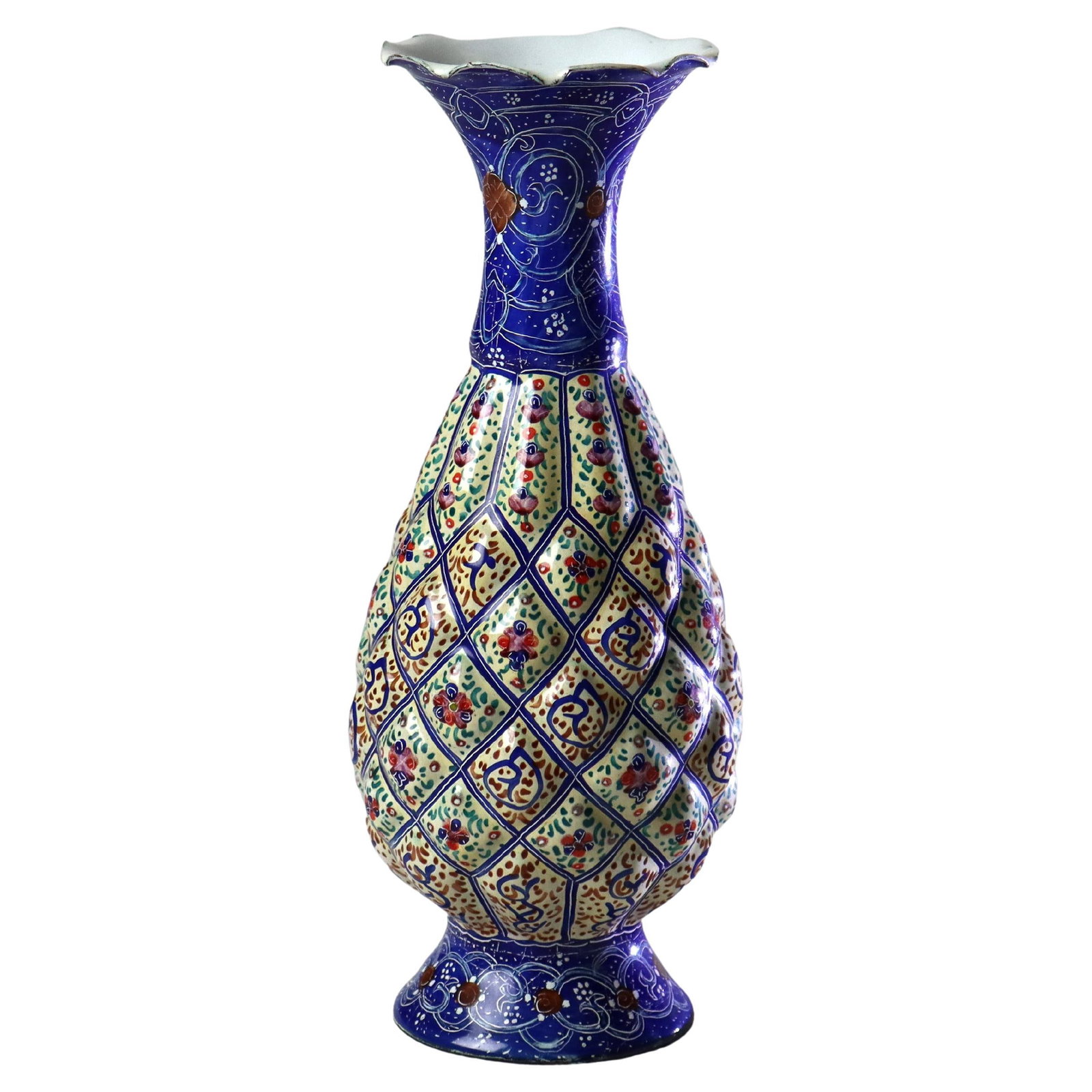 Set of 2 Antique Persian Quilted Porcelain Floral Vases C1920 Signed: Set of 2 Antique Persian Quilted Porcelain Floral Vases C1920 Signed This exquisite antique Persian vase, dating to circa 1920, showcases a stunning quilted porcelain design adorned with intricate flo