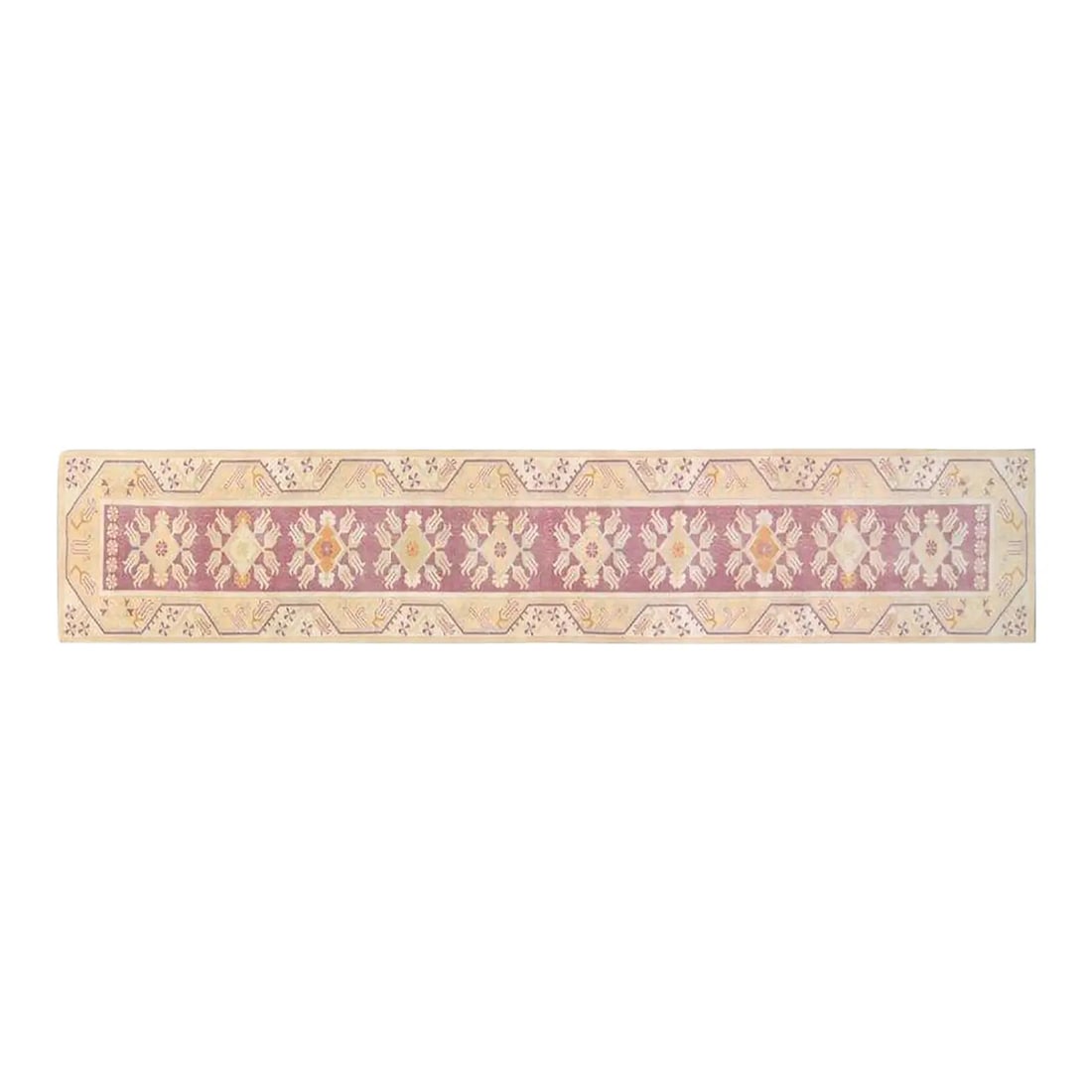 2'8" x 13'8" Anatolian Wool Hand Knotted Vintage Runner Rug: 2'8" x 13'8" Anatolian Wool Hand Knotted Vintage Runner Rug This vintage Turkish Anatolian runner rug features a hand-knotted wool construction and displays natural colors, with a prominent ruby red h