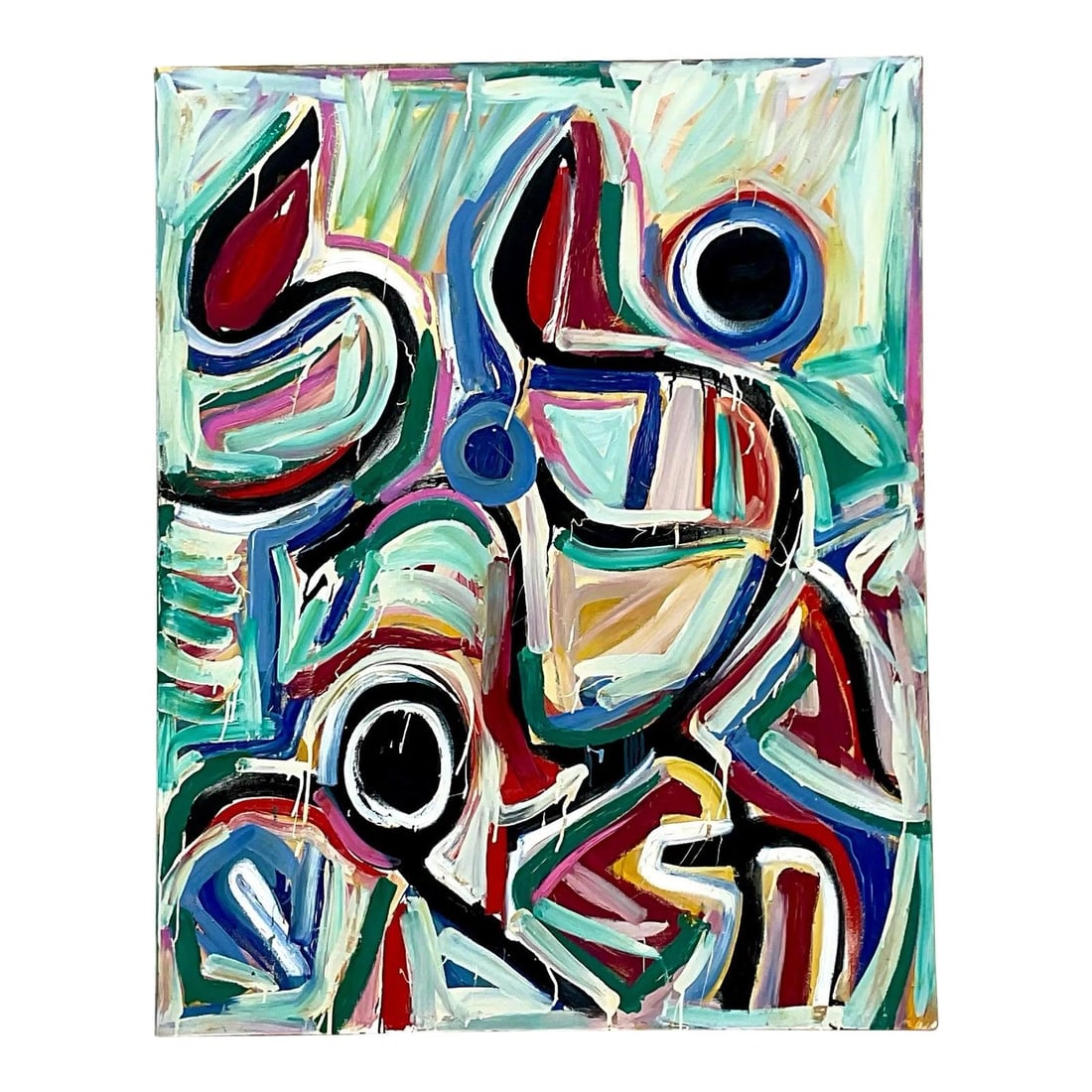 Original Abstract Oil Painting by Terry Frid on Canvas Multicolor Vintage Art: Original Abstract Oil Painting by Terry Frid on Canvas Multicolor Vintage Art This vintage oil on canvas painting by Terry Frid features a multicolor abstract composition with vibrant hues and dynamic