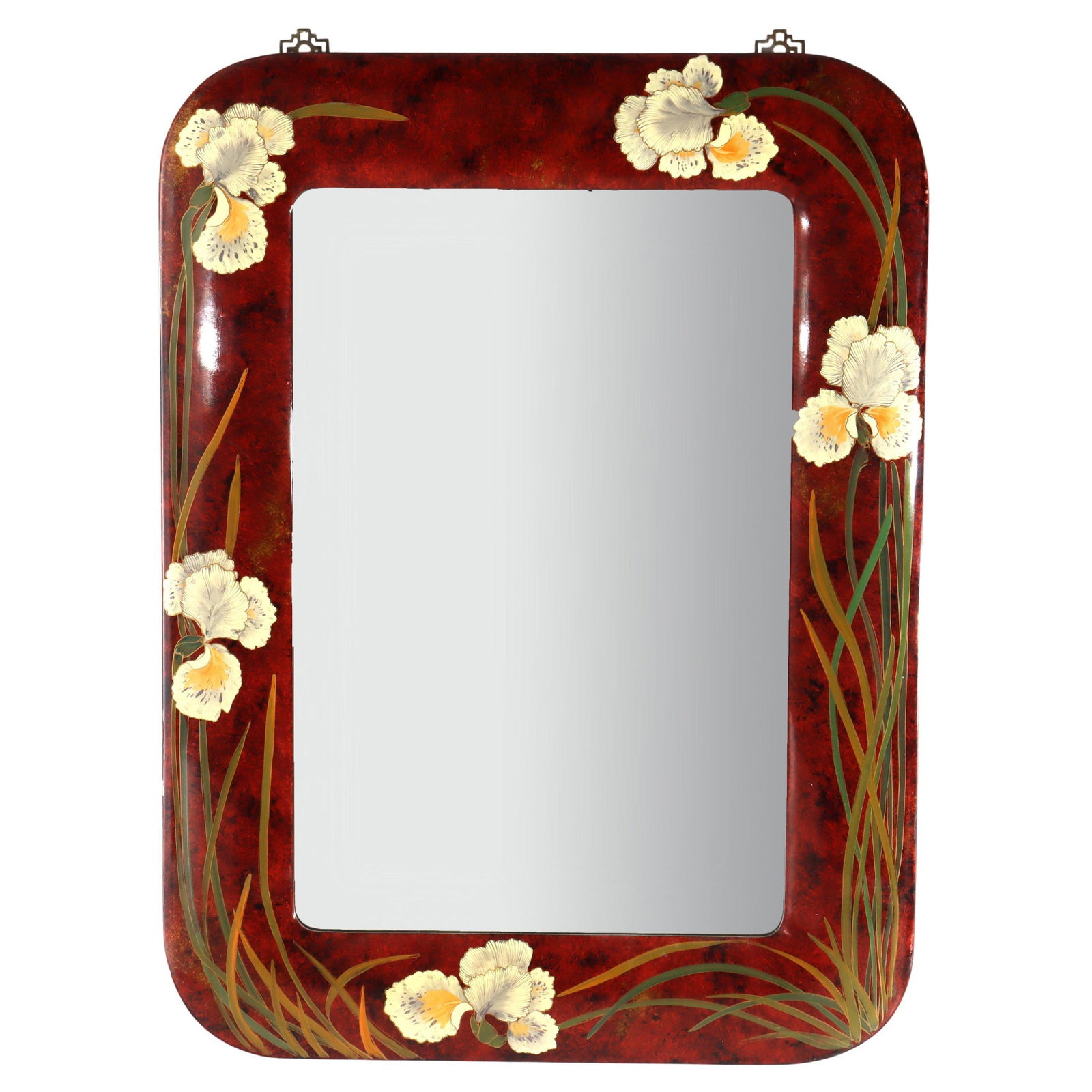 Early 20th Century Chinese Mirror With Painted Iris Motif Art Nouveau Style: Early 20th Century Chinese Mirror With Painted Iris Motif Art Nouveau Style This large vintage mirror from the early 20th century features a Chinese Art Nouveau design with hand-painted garden irises.