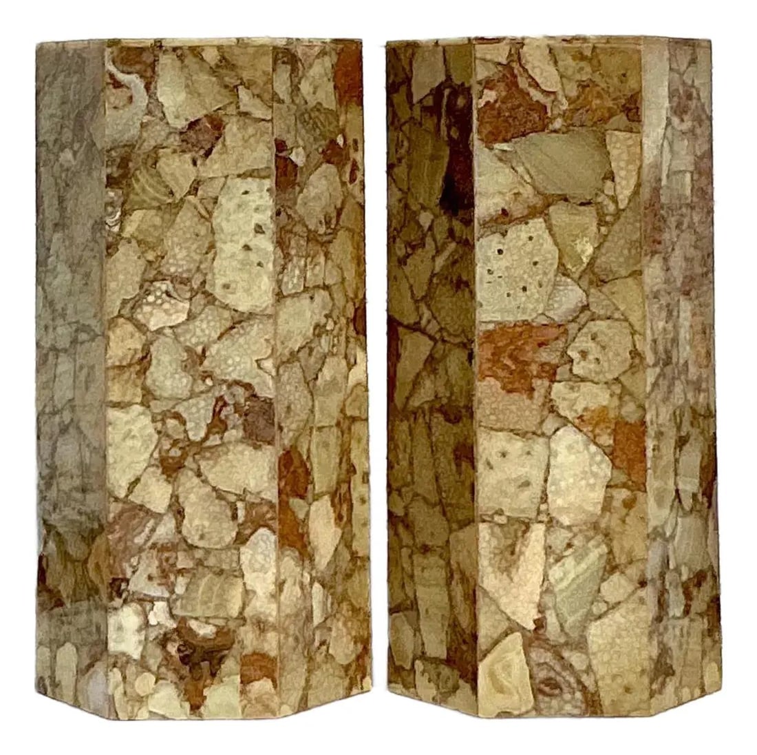 Vintage Onyx Octagonal Pedestals Pair with Interior Lights: Vintage Onyx Octagonal Pedestals Pair with Interior Lights Enhance your living space with this exquisite pair of vintage octagonal pedestals, expertly crafted from richly veined onyx. Their warm earth