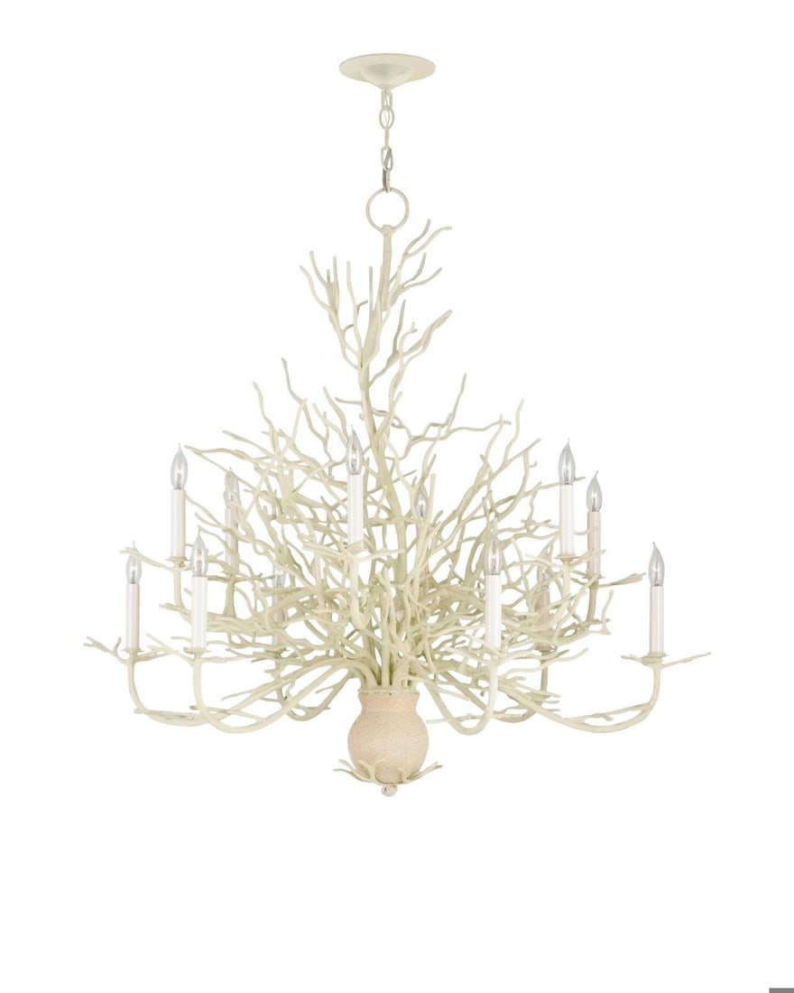 Currey Seaward Large Wrought Iron Chandelier for Coastal Decor: Currey Seaward Large Wrought Iron Chandelier for Coastal Decor Illuminate your coastal home with this stunning large ivory wrought iron chandelier from the Seaward collection. This exquisite bowl chan