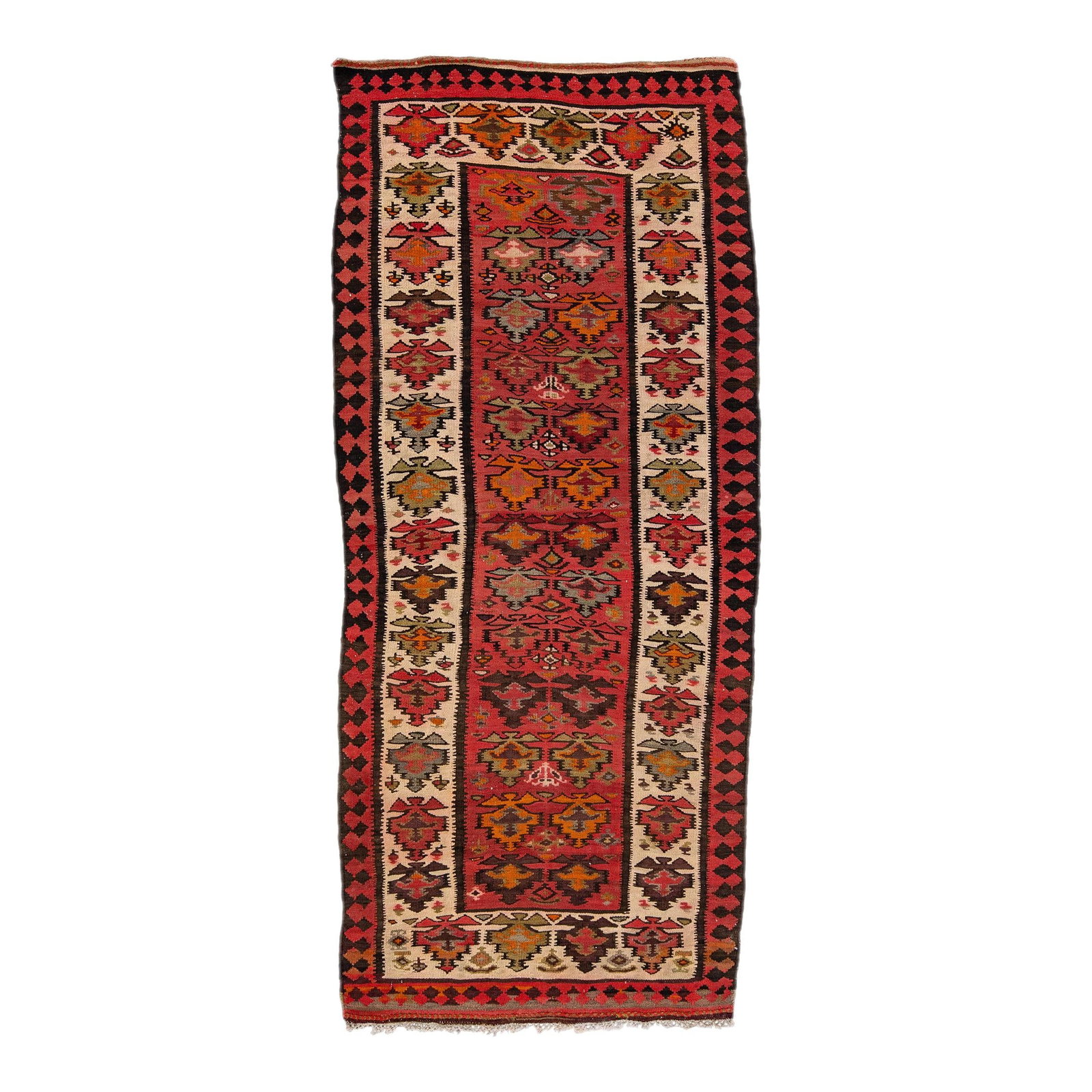 Vintage Turkish Kilim Red Wool Rug 3'8 x 8 Handmade Tribal Design: Vintage Turkish Kilim Red Wool Rug 3'8 x 8 Handmade Tribal Design Experience the charm of this stunning vintage Turkish Kilim rug, meticulously hand-knotted from high-quality wool. Featuring a vibrant