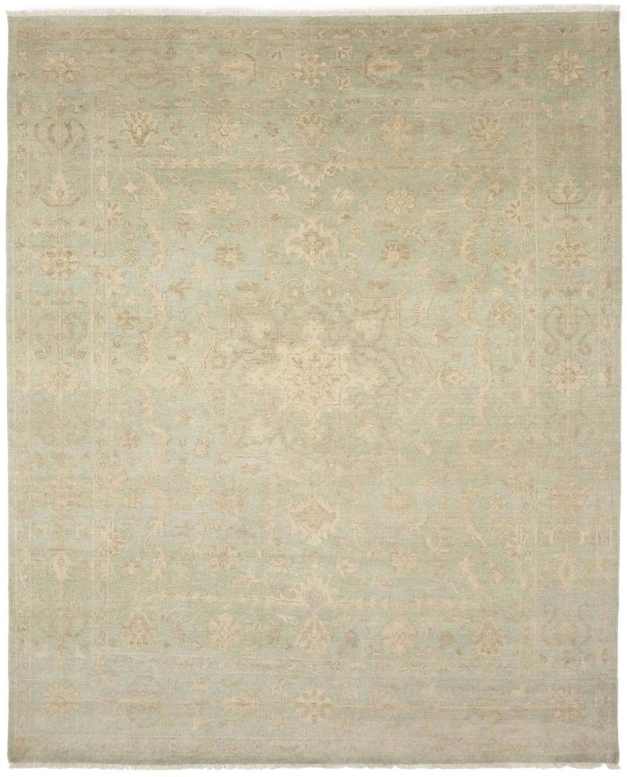 Handmade Floral Transitional Rug 8x10 ft Aqua Green Wool Carpet: Handmade Floral Transitional Rug 8x10 ft Aqua Green Wool Carpet Elevate your living space with this exquisite handmade floral transitional oriental rug, featuring a muted color palette of aqua green, 