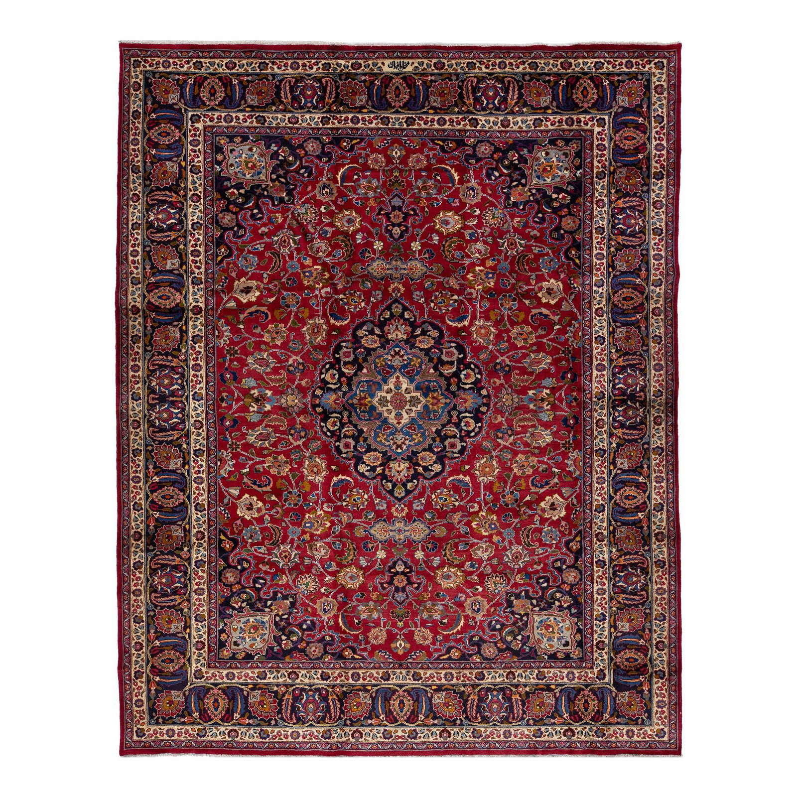 Vintage Persian Tabriz Wool Rug Red with Geometric Motif 8'8 x 10'11: Vintage Persian Tabriz Wool Rug Red with Geometric Motif 8'8 x 10'11 This exquisite vintage Persian Tabriz rug showcases a stunning red field complemented by a navy blue frame and vibrant multicolor a