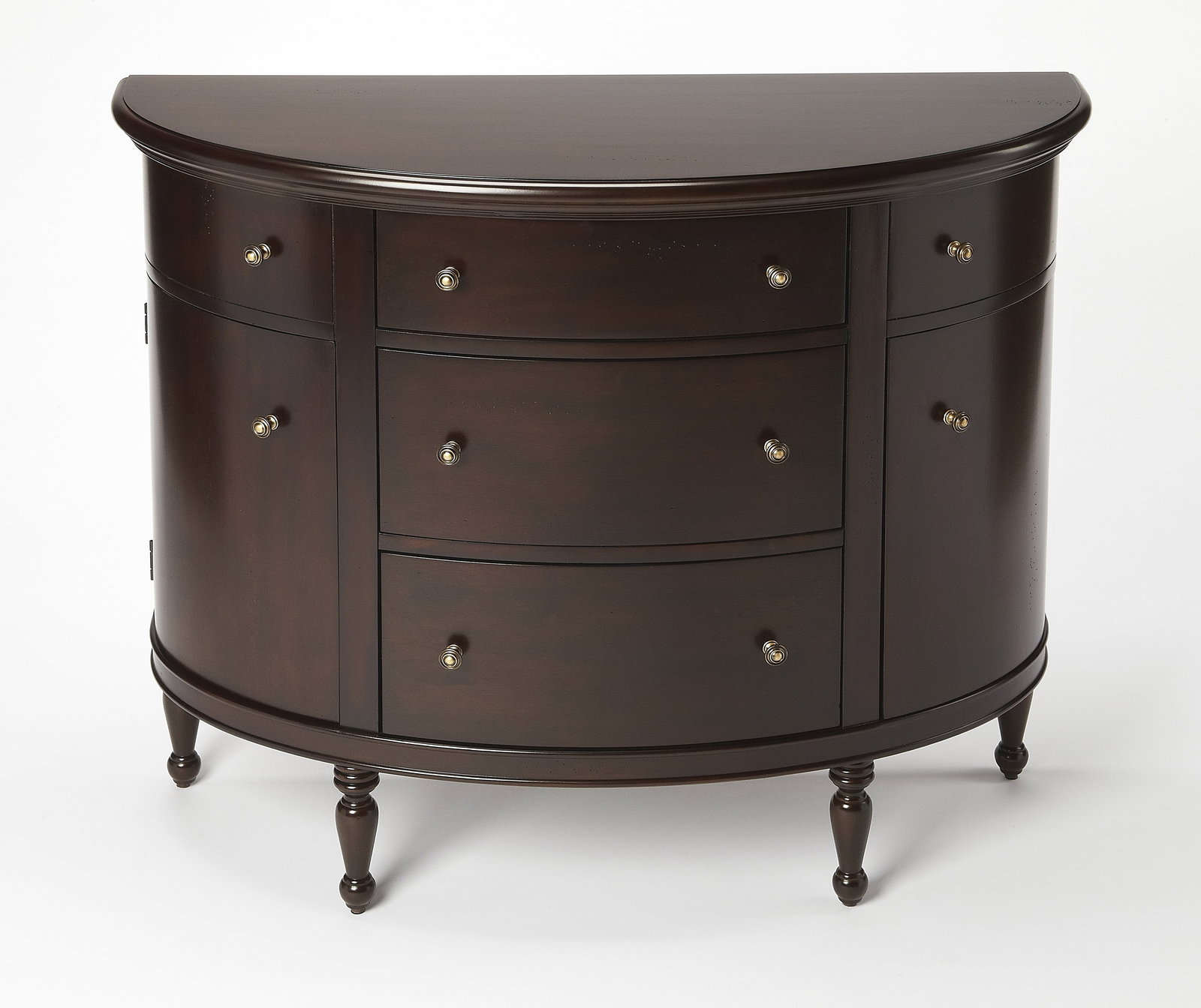 Butler Bedford Mahogany Console Table with 5 Drawers: Butler Bedford Mahogany Console Table with 5 Drawers This elegant mahogany console table features a sophisticated demilune shape and five functional drawers, making it a perfect addition to any formal