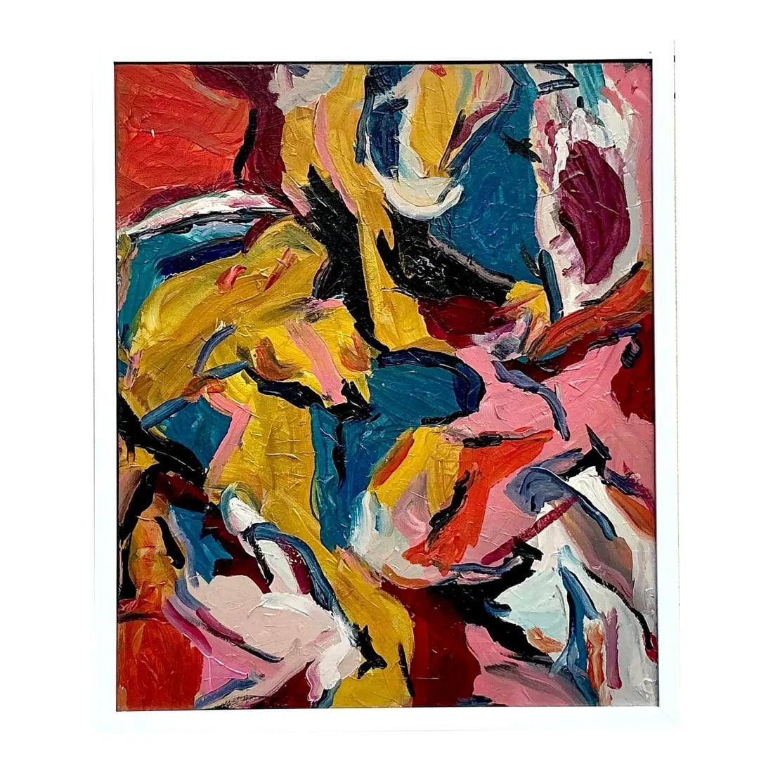 Vintage Original Abstract Oil Painting Boho Framed Art 21.25x25.25: Vintage Original Abstract Oil Painting Boho Framed Art 21.25x25.25 This vintage original abstract oil painting is a vibrant expression of energy and color. Featuring a dynamic composition, it showcase