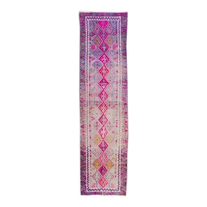 Vintage Turkish Wool Runner 3'0" x 11'4" Multi Color Geometric Design: Vintage Turkish Wool Runner 3'0" x 11'4" Multi Color Geometric Design Enhance your space with this stunning 1960s Turkish Geometric hand-knotted wool runner. Featuring a vibrant multicolor field with 