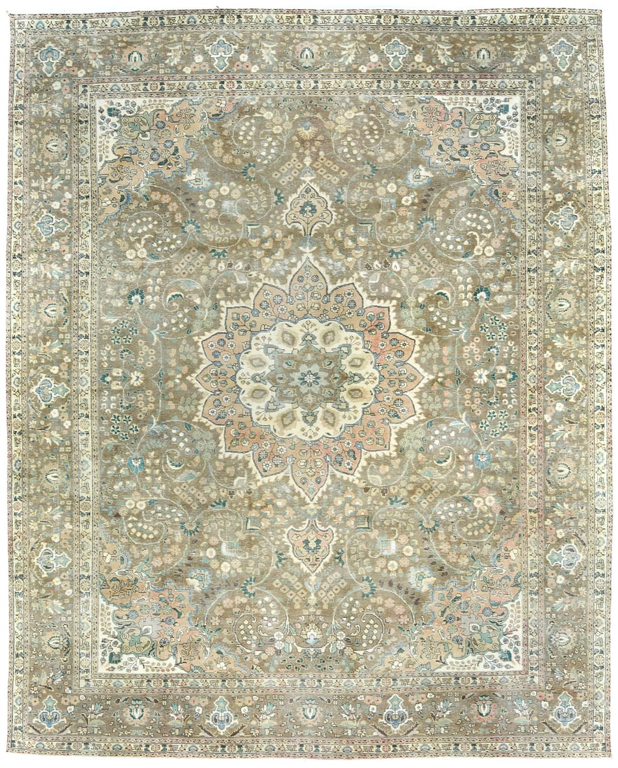 Vintage Hand-Knotted Oriental Rug 10X12 Floral Design Wool: Vintage Hand-Knotted Oriental Rug 10X12 Floral Design Wool Enhance your living space with this Distressed Vintage Oriental Rug, featuring a stunning floral medallion design in muted tones of brown, pe